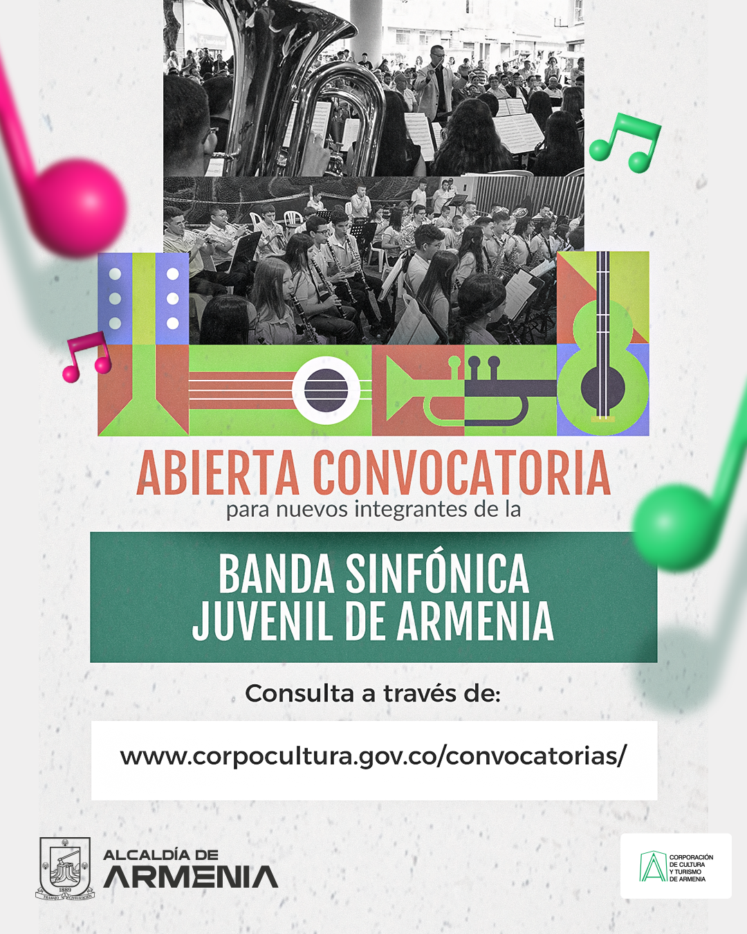 Afiche de Convocatoria para nuevos integrantes de la Banda Sinfónica Juvenil de Armenia