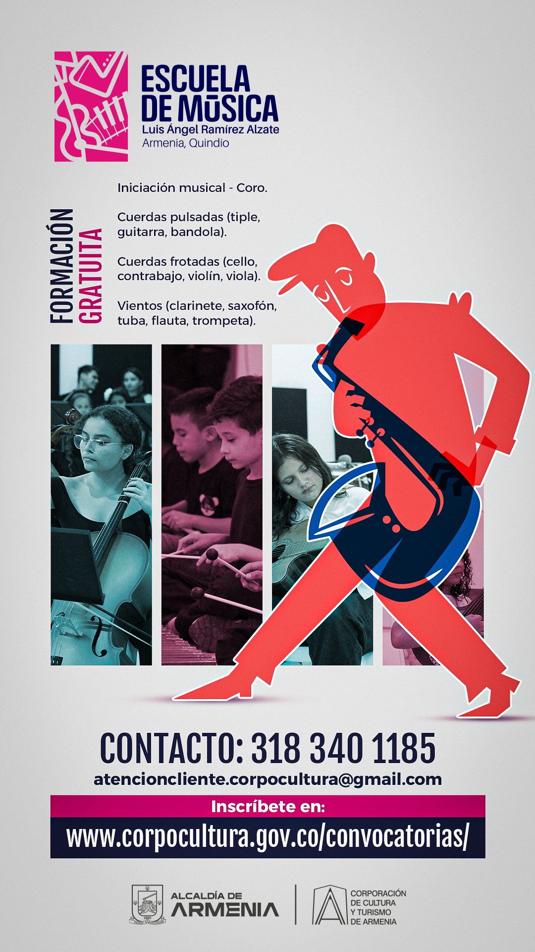 Afiche de Abiertas inscripciones para el segundo ciclo de formación de la Escuela Municipal de Música “Luis Ángel Ramírez Álzate”