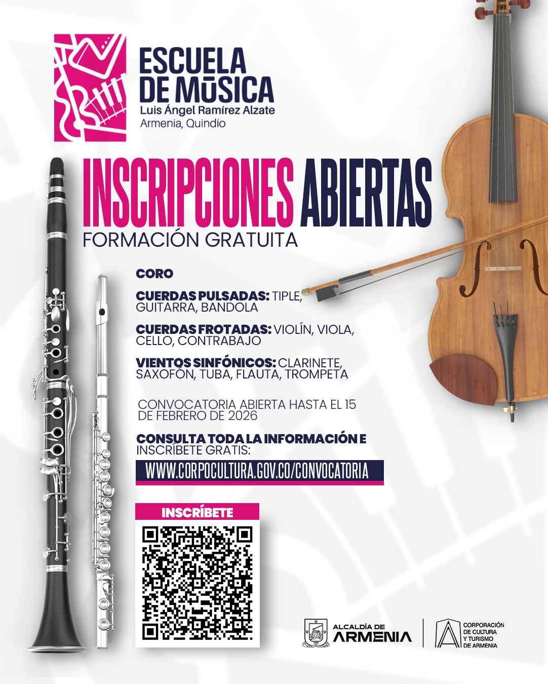 Afiche de Abiertas las inscripciones para la Escuela Municipal de Música “Luis Ángel Ramírez Álzate”